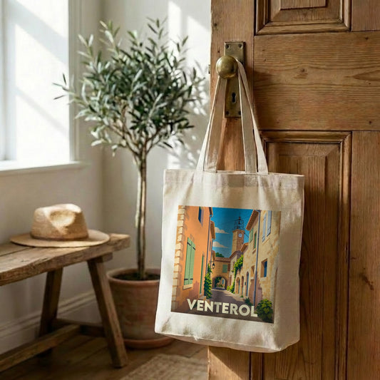 Tote bag souvenir de la ville de Venterol avec une illustration stylisée.