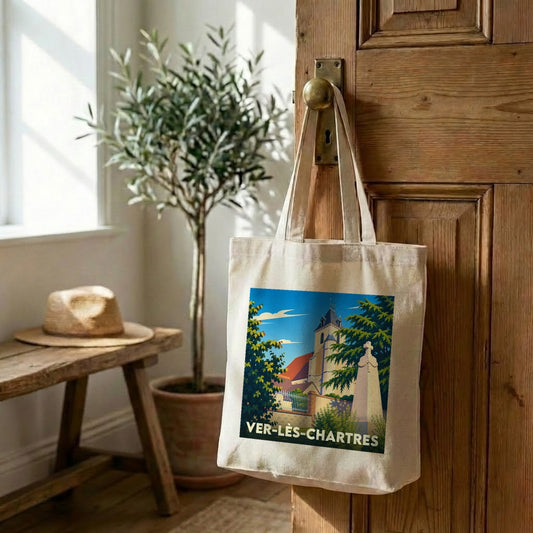 Tote bag souvenir de la ville de Ver-lès-Chartres avec une illustration stylisée.
