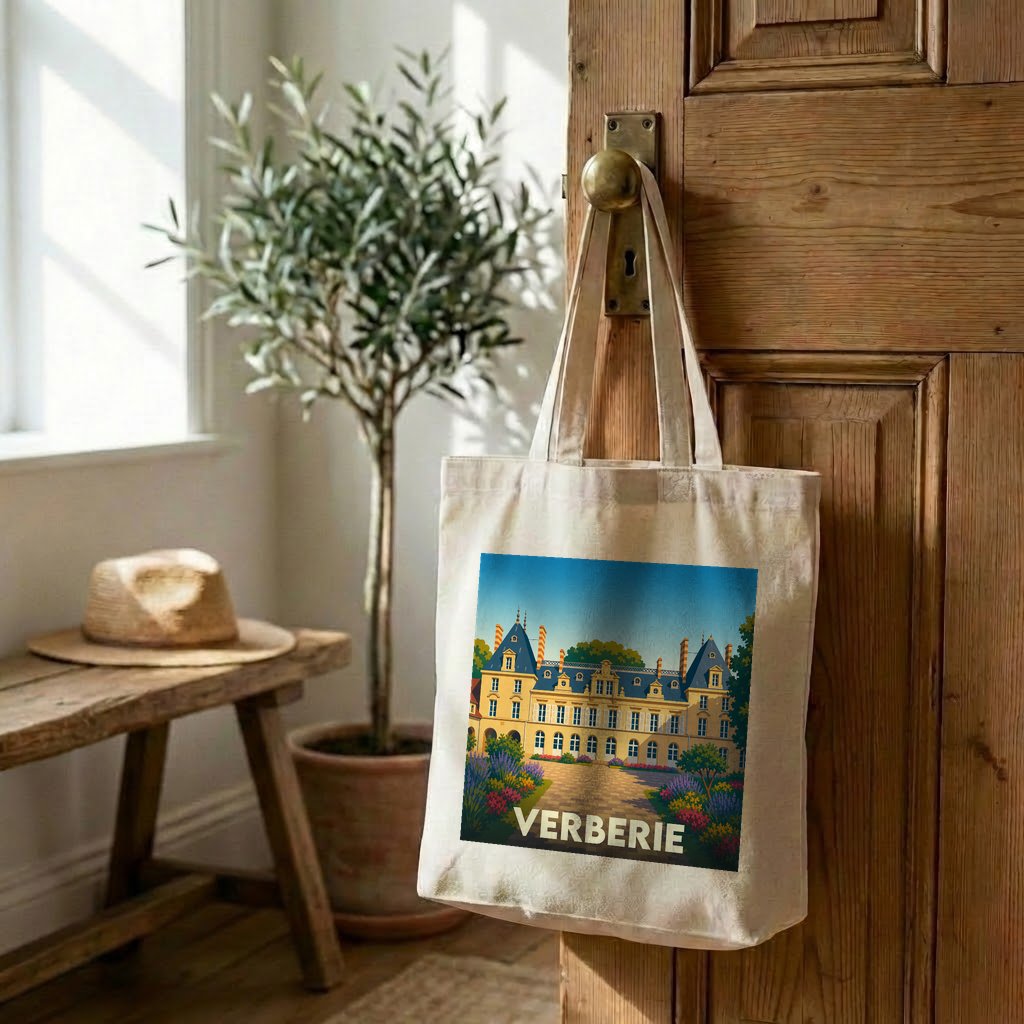 Tote bag souvenir de la ville de Verberie avec une illustration stylisée.