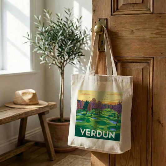 Tote bag souvenir de la ville de Verdun avec une illustration stylisée d'un paysage verdoyant.