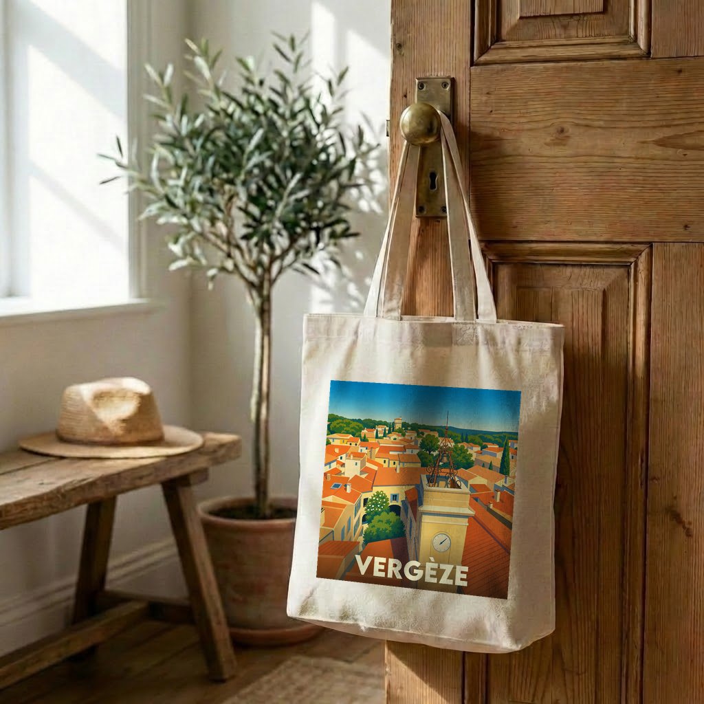 Tote bag souvenir de la ville de Vergèze avec une illustration stylisée.