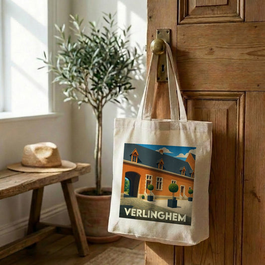 Tote bag souvenir de la ville de Verlinghem avec une illustration stylisée.