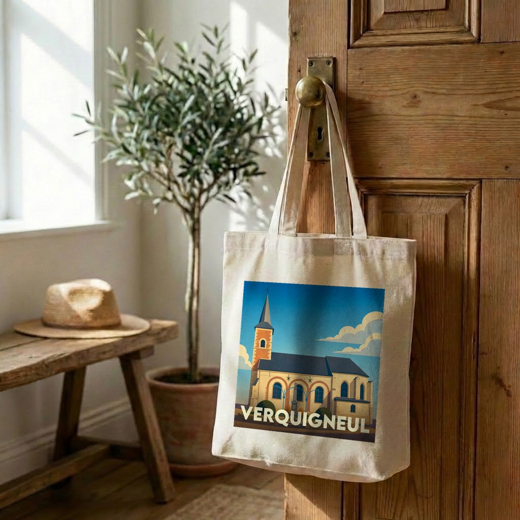 Tote bag souvenir de la ville de Verquigneul avec une illustration stylisée de son église.