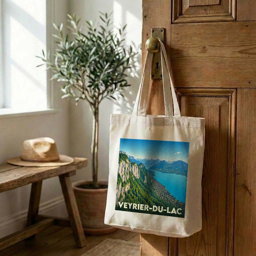 Tote bag souvenir de la ville de Veyrier-du-Lac avec une illustration panoramique stylisée.