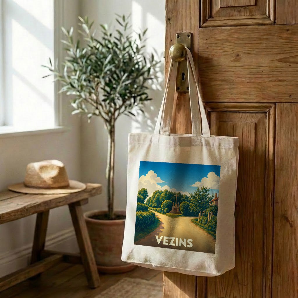 Tote bag souvenir de la ville de Vezins illustré d'un paysage champêtre au style rétro.