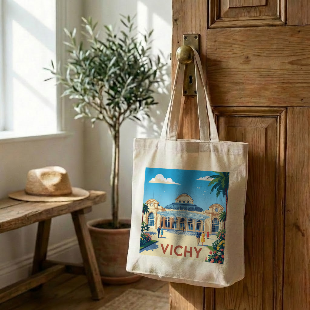 Tote bag souvenir de la ville de Vichy avec une illustration stylisée.