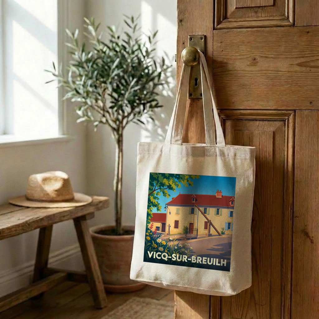 Tote bag souvenir de la ville de Vicq-sur-Breuilh avec une illustration stylisée.