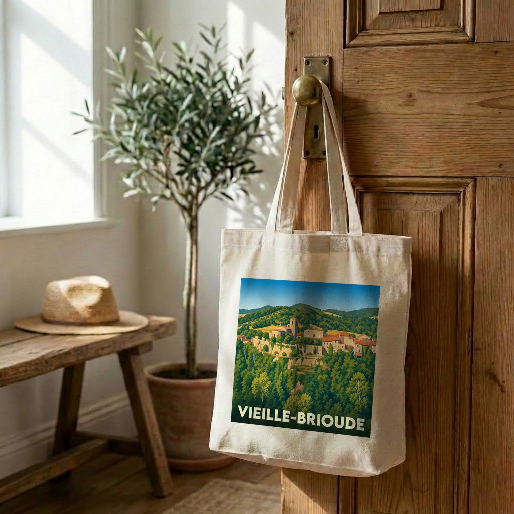 Tote bag souvenir de la ville de Vieille-Brioude avec une illustration stylisée de paysages vallonnés.