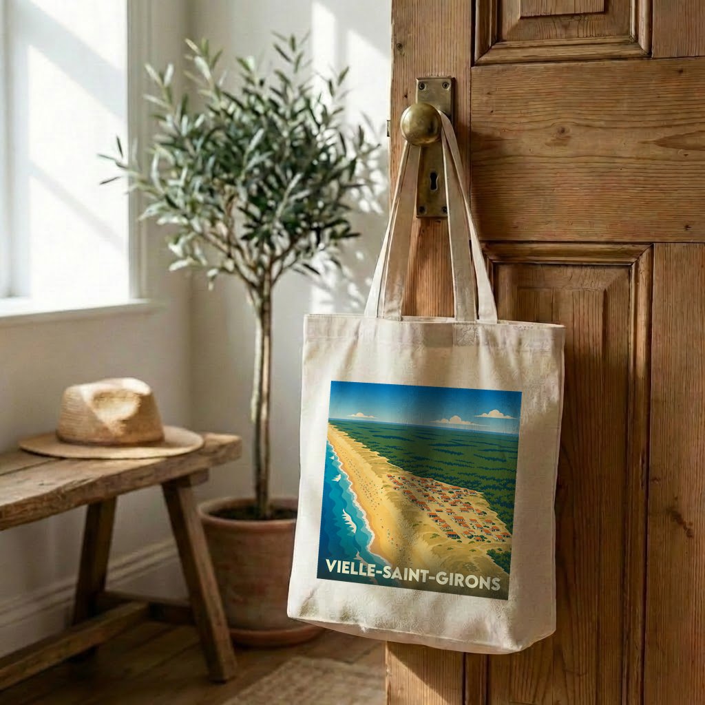 Tote bag souvenir de la ville de Vielle-Saint-Girons avec une illustration stylisée de la côte.