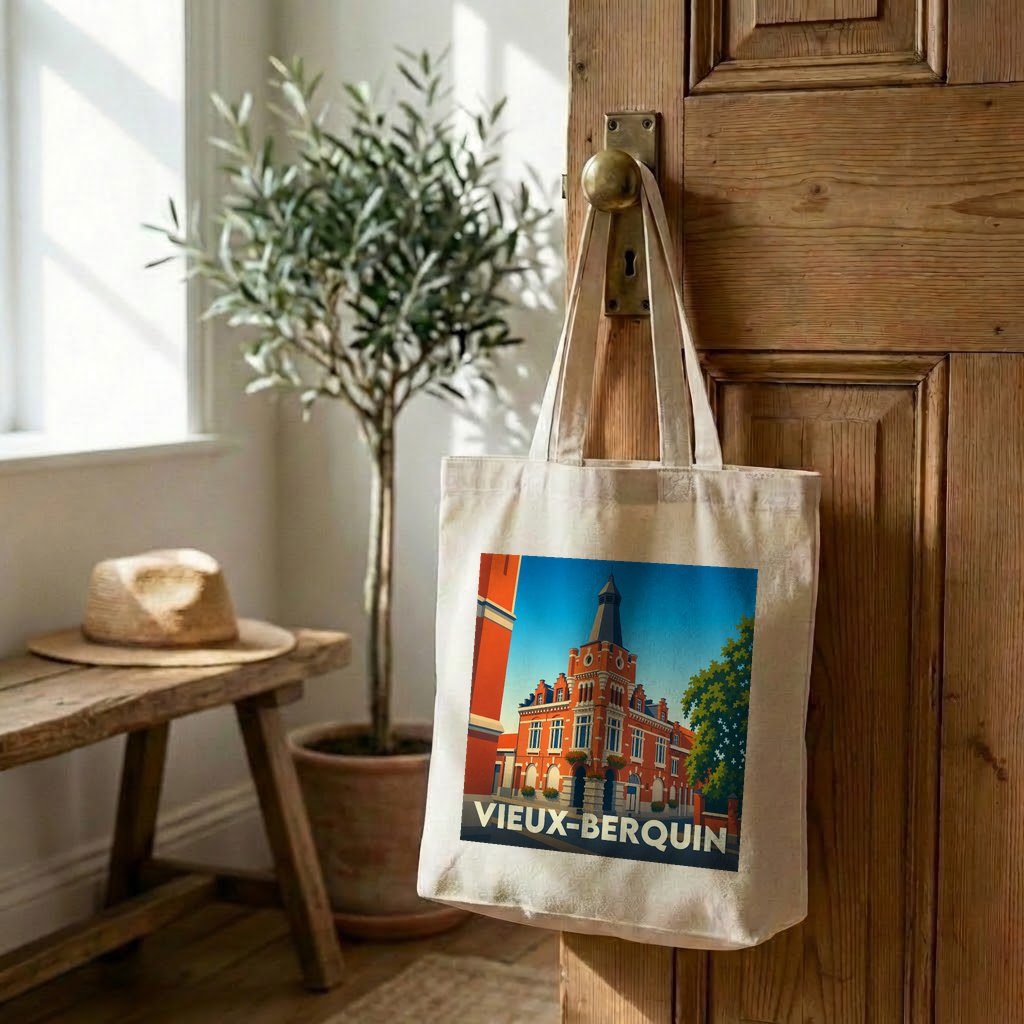 Tote bag souvenir de la ville de Vieux-Berquin avec une illustration stylisée de son hôtel de ville.