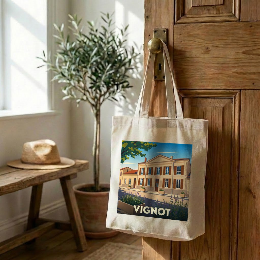 Tote bag souvenir de la ville de Vignot avec une illustration stylisée d'un bâtiment historique.