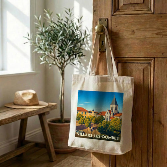 Tote bag souvenir de la ville de Villars-les-Dombes avec une illustration stylisée.