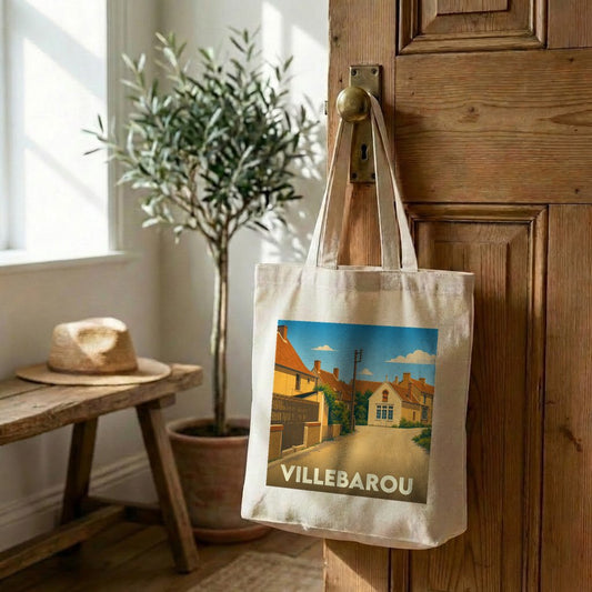 Tote bag souvenir de la ville de Villebarou avec une illustration stylisée.