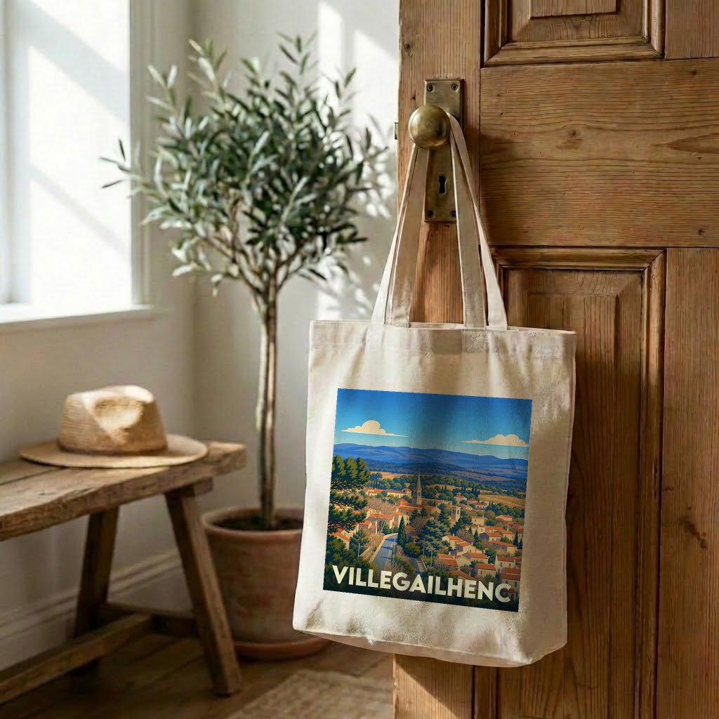 Tote bag souvenir de la ville de Villegailhenc avec une illustration de paysage stylisée.