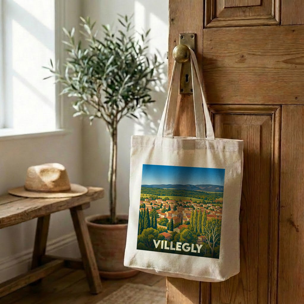 Tote bag souvenir de la ville de Villegly avec une illustration paysagère stylisée.