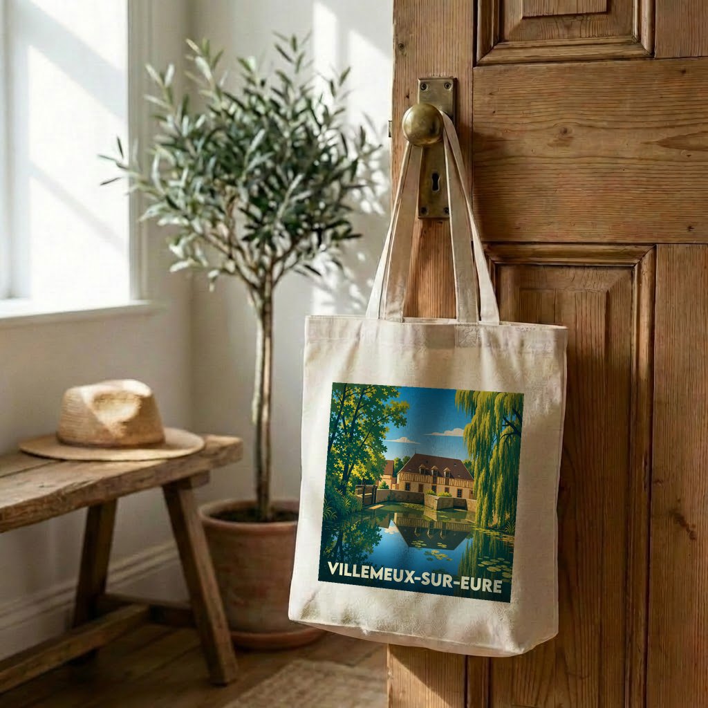 Tote bag souvenir de la ville de Villemeux-sur-Eure avec une illustration stylisée d'un moulin au bord de l'eau.