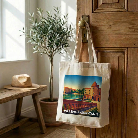 Tote bag souvenir de la ville de Villemur-sur-Tarn avec une illustration stylisée.