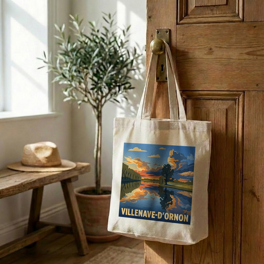 Tote bag souvenir de la ville de Villenave-d'Ornon avec une illustration stylisée.