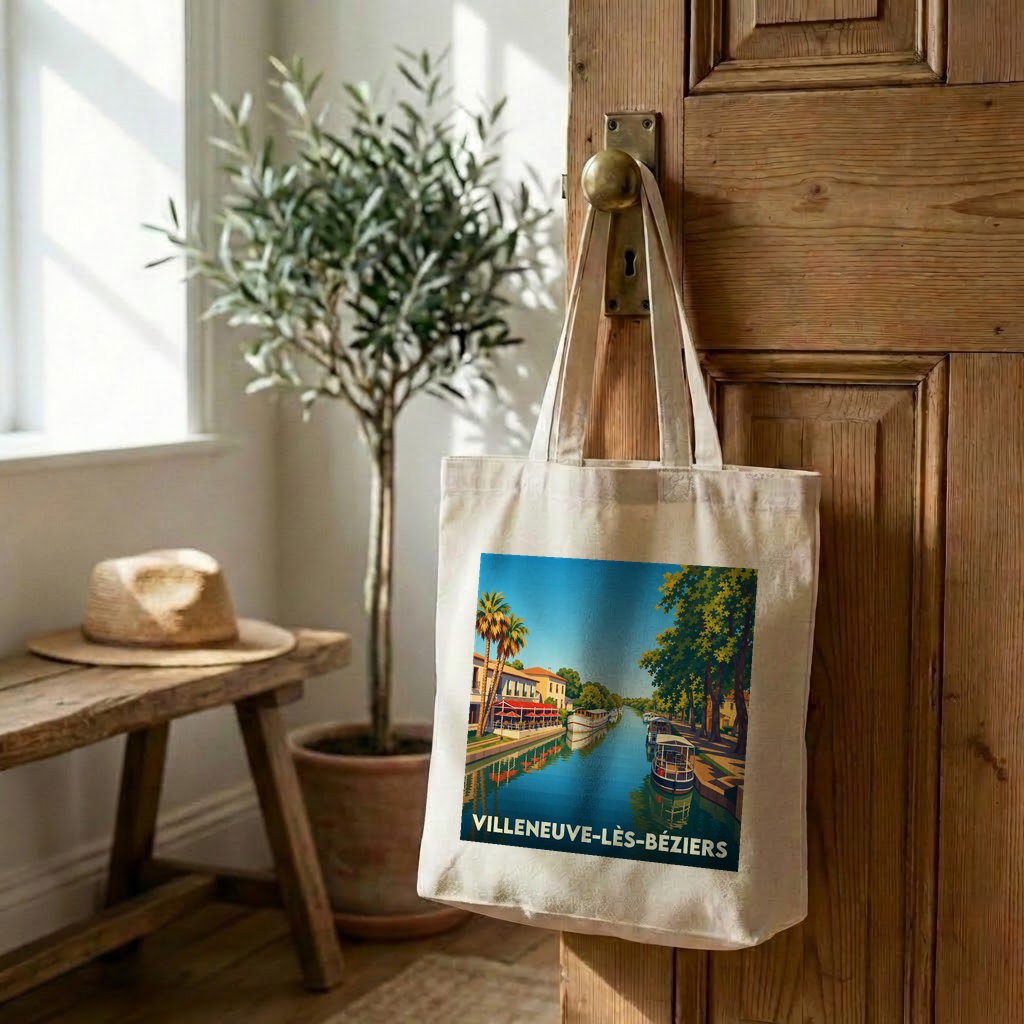 Sac en tissu (tote bag) souvenir de Villeneuve-lès-Béziers avec une illustration stylisée du canal et de ses bateaux.