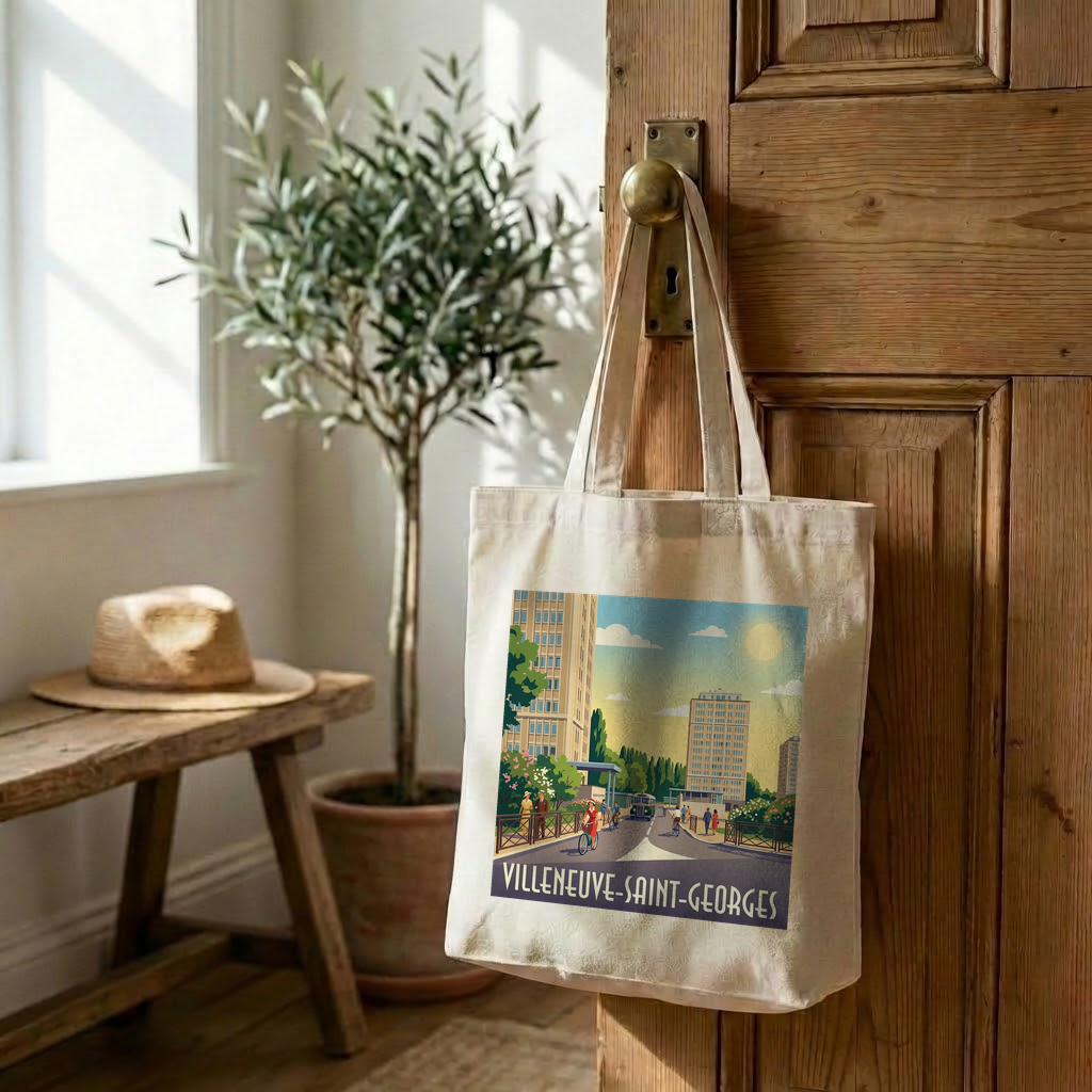 Tote bag souvenir de la ville de Villeneuve-Saint-Georges avec une illustration stylisée.