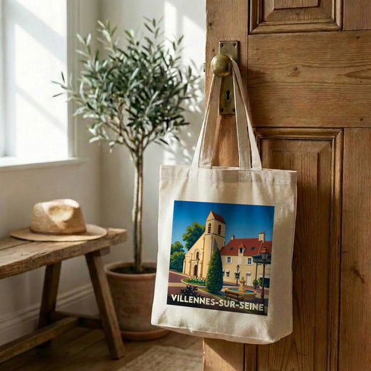Tote bag souvenir de la ville de Villennes-sur-Seine avec une illustration stylisée.