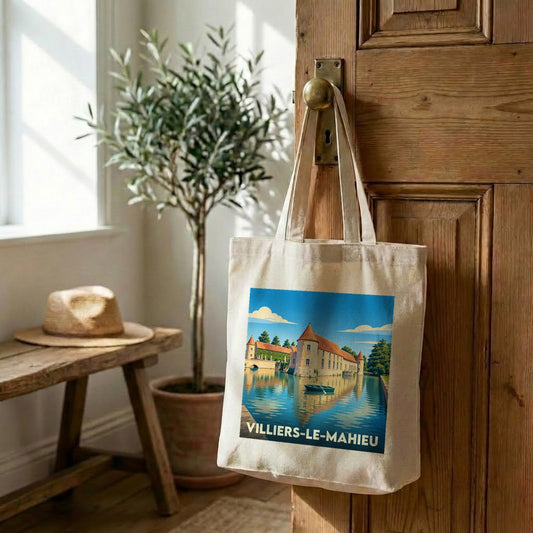 Tote bag souvenir de la ville de Villiers-le-Mahieu avec une illustration stylisée.