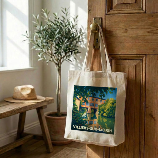 Tote bag souvenir de la ville de Villiers-sur-Morin avec une illustration stylisée.