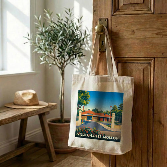 Tote bag souvenir de la ville de Villieu-Loyes-Mollon avec une illustration stylisée.