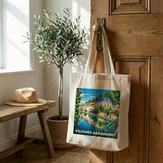 Tote bag souvenir de la ville de Vilosnes-Haraumont avec une illustration stylisée.