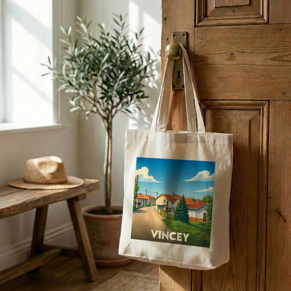 Tote bag souvenir de la ville de Vincey avec une illustration de paysage stylisée.