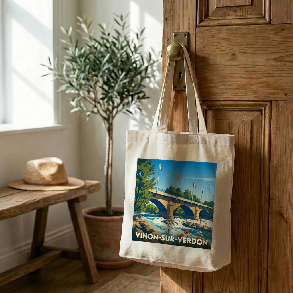 Tote bag souvenir de la ville de Vinon-sur-Verdon avec une illustration stylisée de son pont.