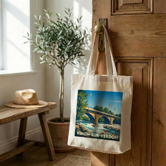 Tote bag souvenir de la ville de Vinon-sur-Verdon avec une illustration stylisée de son pont.