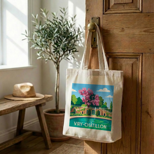Tote bag souvenir de la ville de Viry-Châtillon avec une illustration stylisée d'un parc.