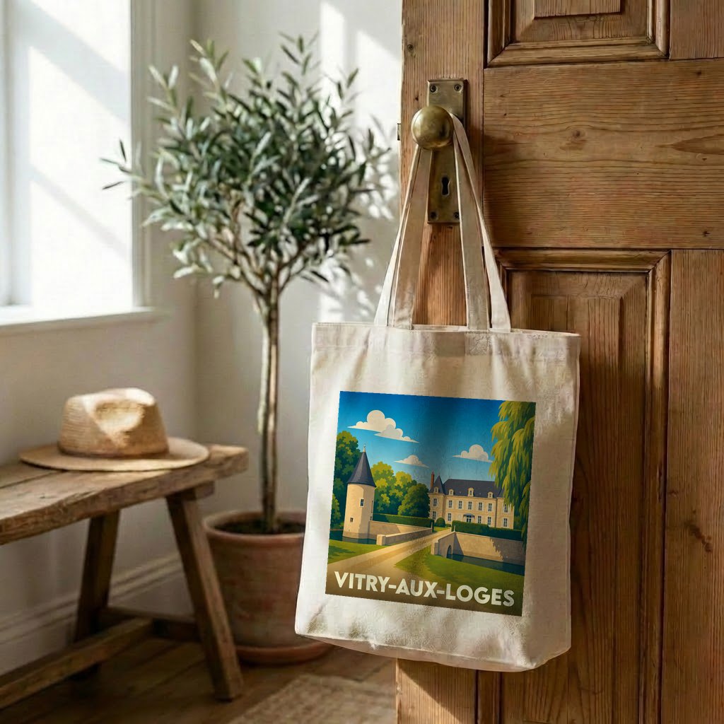 Tote bag souvenir de la ville de Vitry-aux-Loges avec une illustration stylisée.
