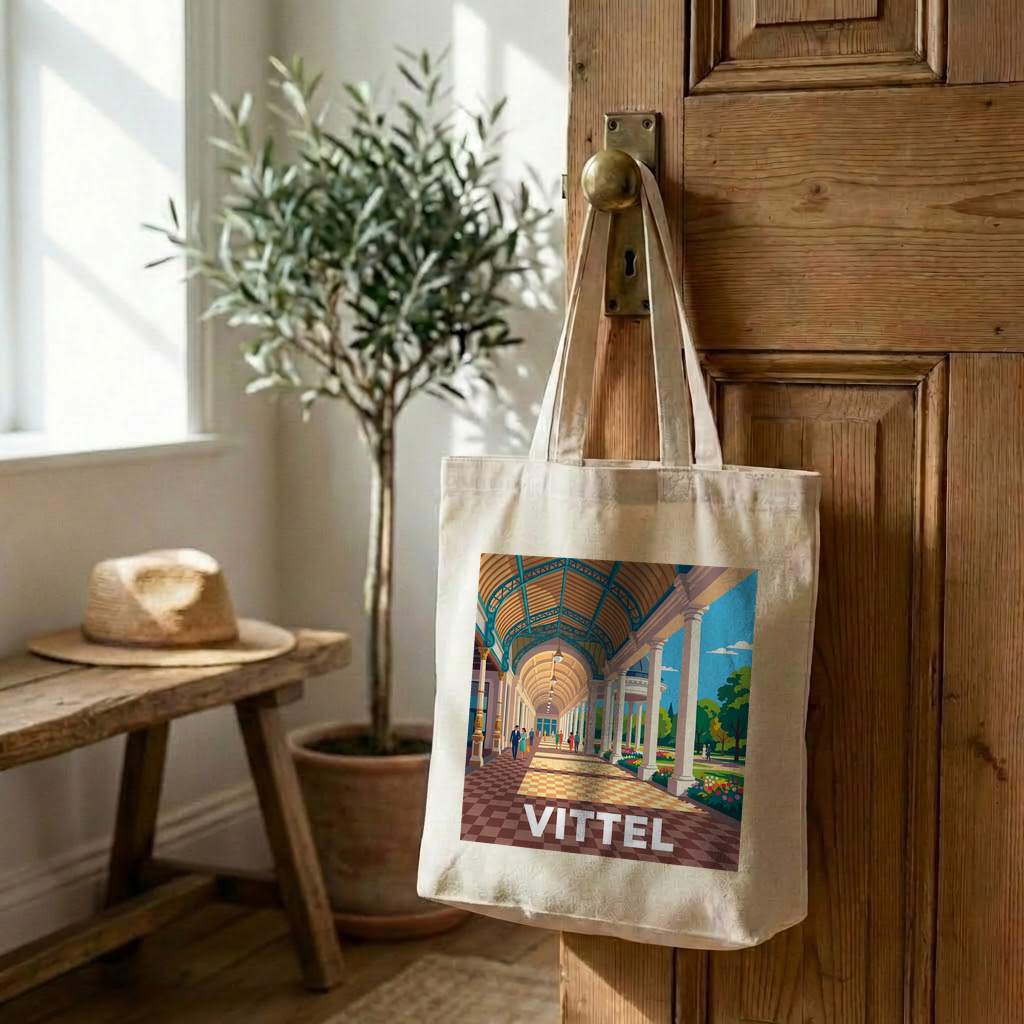 Tote bag souvenir de la ville de Vittel avec une illustration stylisée.