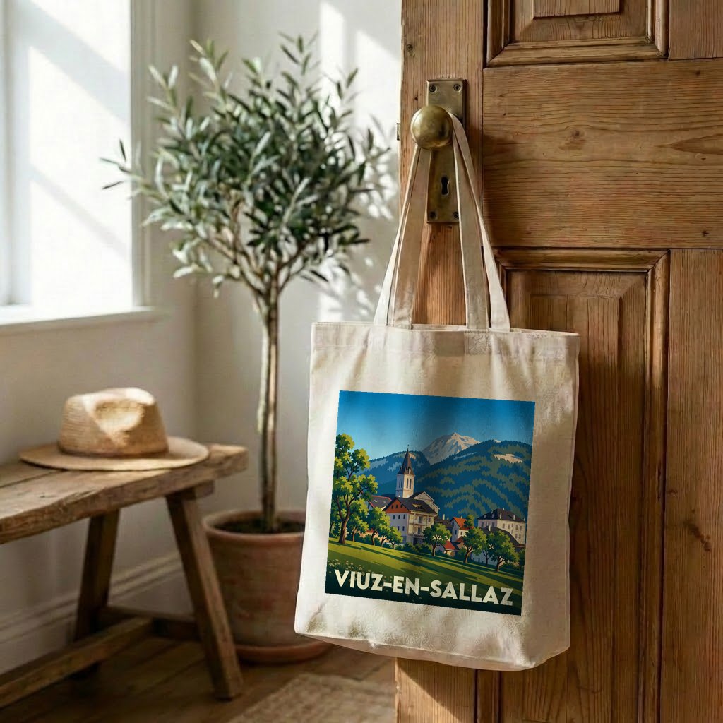 Tote bag souvenir de la ville de Viuz-en-Sallaz avec une illustration de paysage de montagne stylisée.