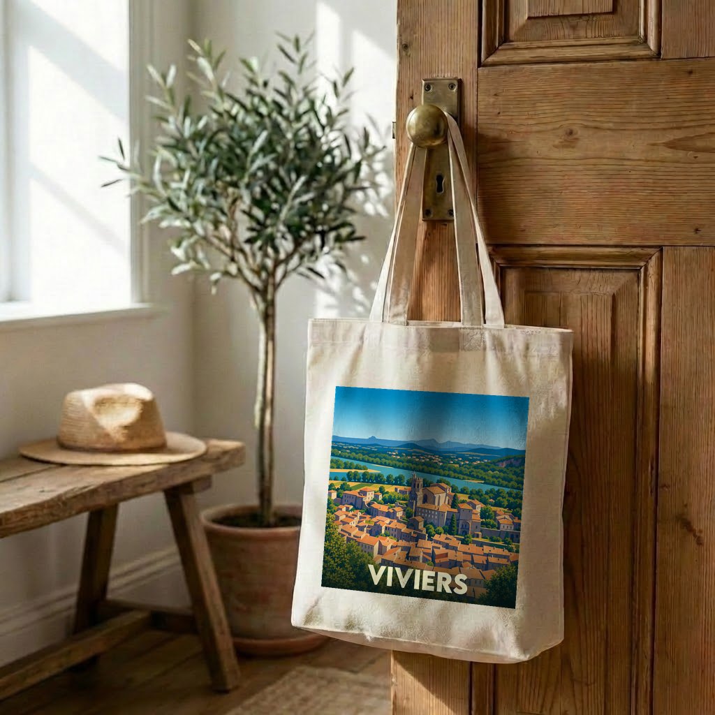 Tote bag souvenir de la ville de Viviers avec une illustration stylisée.