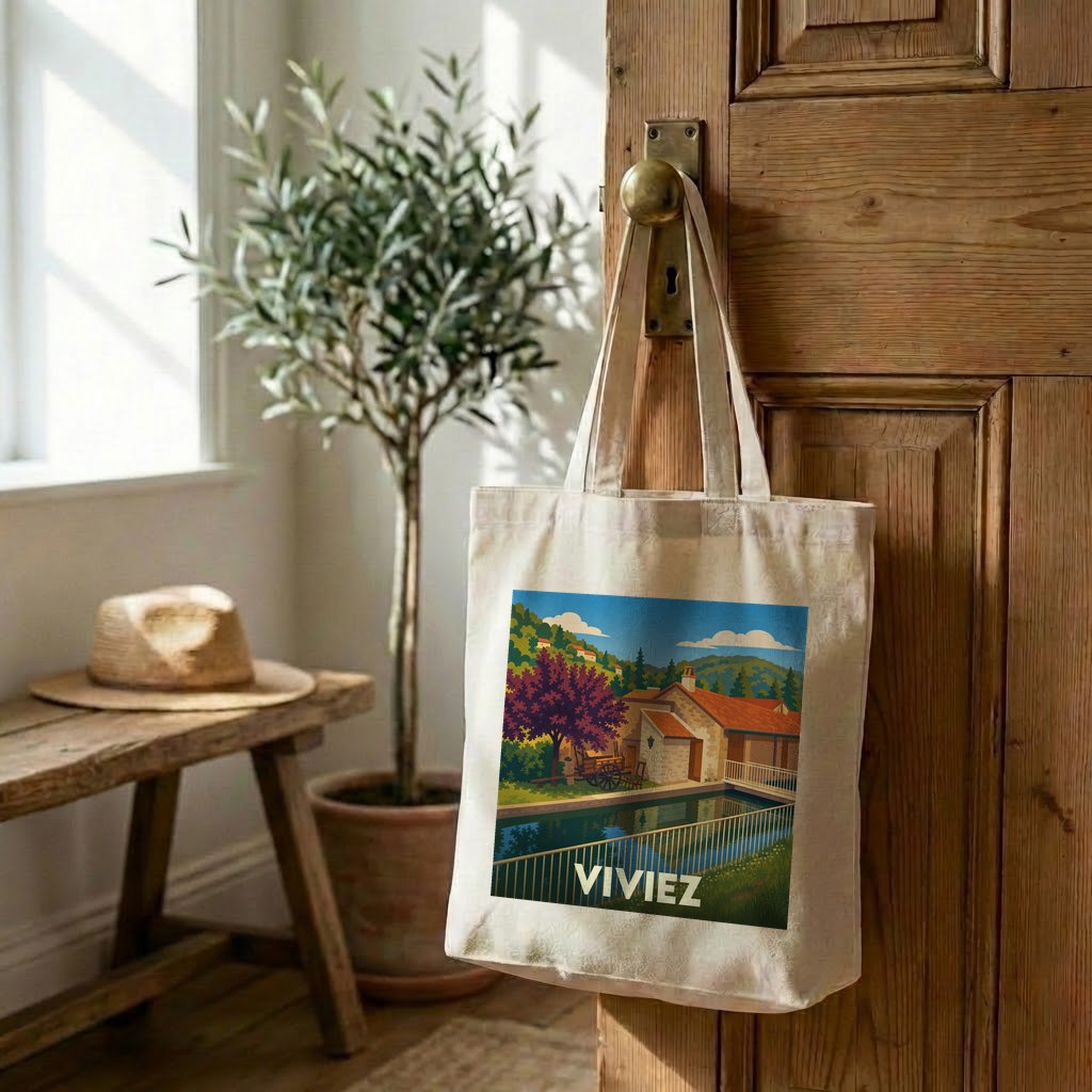 Sac cabas souvenir de la ville de Viviez avec une illustration stylisée.