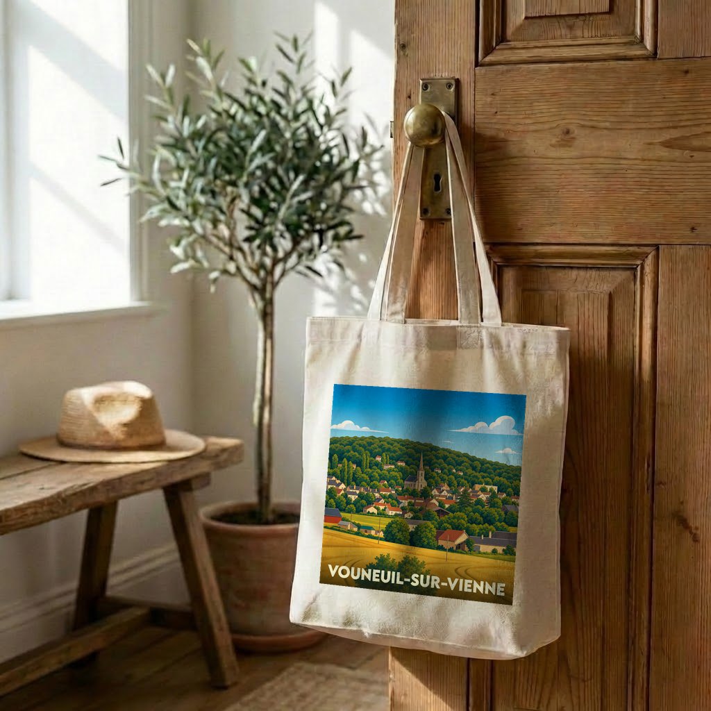 Sac cabas en toile souvenir de la ville de Vouneuil-sur-Vienne avec une illustration de paysage champêtre.