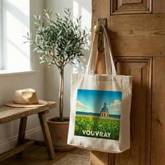 Tote bag souvenir de la ville de Vouvray avec une illustration stylisée d'un vignoble.