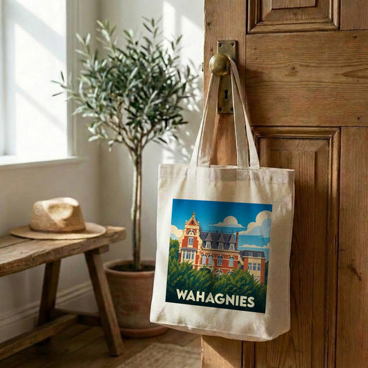 Tote bag souvenir de la ville de Wahagnies avec une illustration stylisée de bâtiment historique.