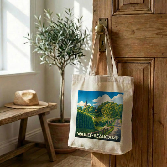 Sac cabas en toile souvenir de Wailly-Beaucamp orné d'une illustration paysagère stylisée.