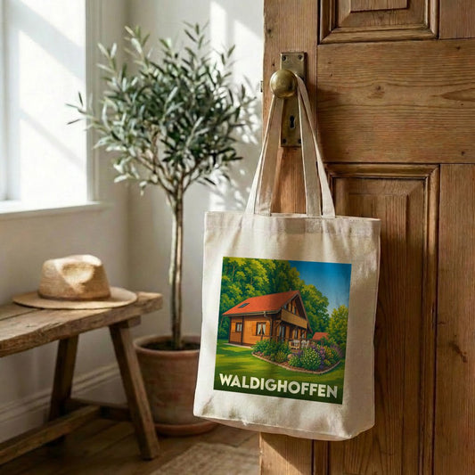 Tote bag souvenir de la ville de Waldighoffen avec une illustration stylisée d'un chalet.