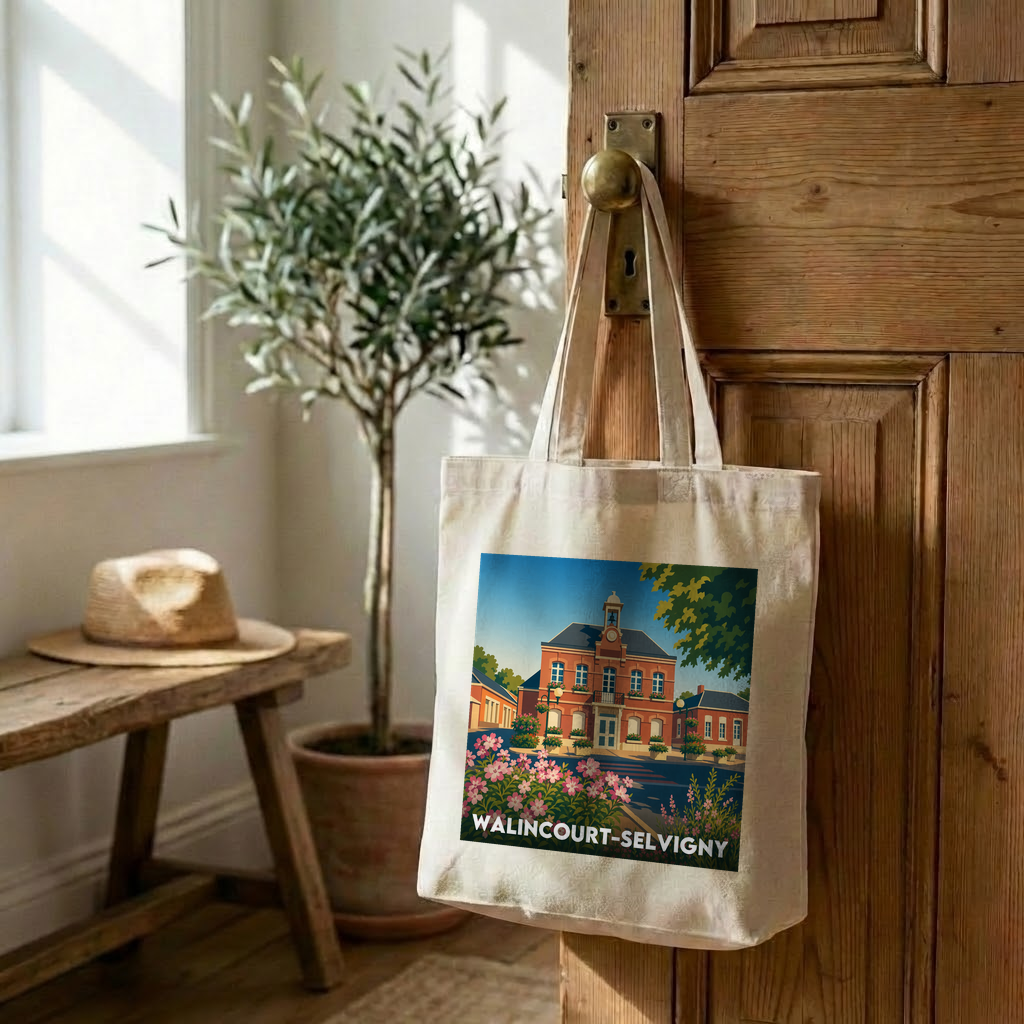 Tote bag souvenir de la ville de Walincourt-Selvigny avec une illustration stylisée.