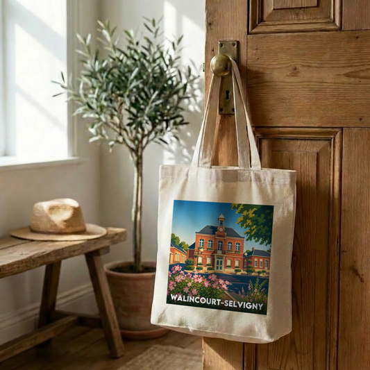 Tote bag souvenir de la ville de Walincourt-Selvigny avec une illustration stylisée.