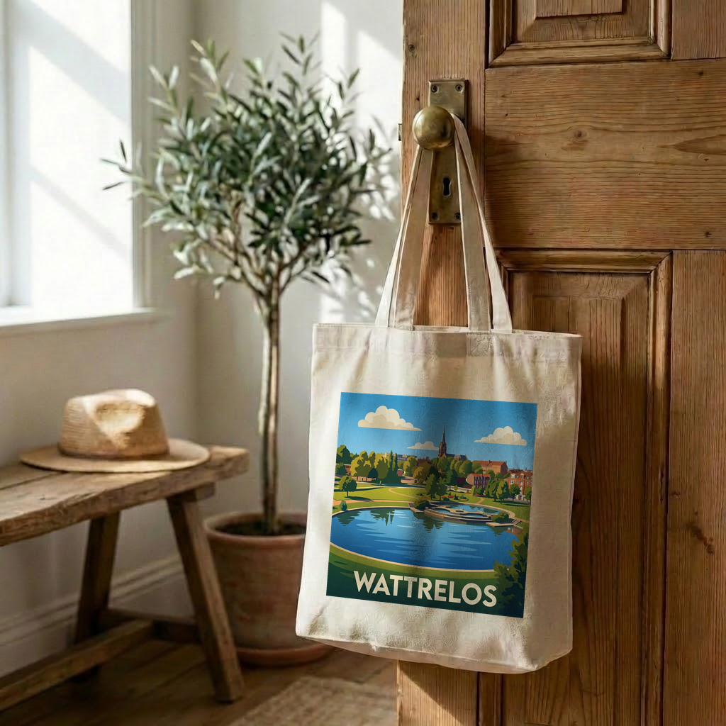 Tote bag souvenir de la ville de Wattrelos avec une illustration stylisée d'un parc paysager.