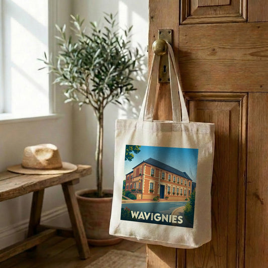 Tote bag souvenir de la ville de Wavignies avec une illustration stylisée.