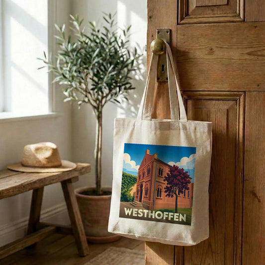 Tote bag souvenir de la ville de Westhoffen avec une illustration stylisée d'un bâtiment historique.