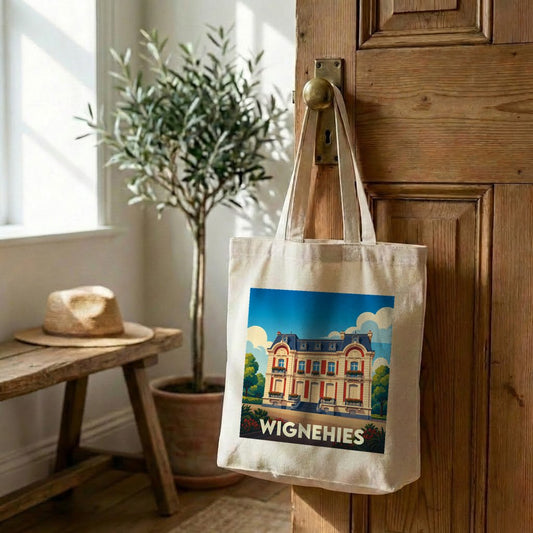 Tote bag souvenir de la ville de Wignehies avec une illustration stylisée d'un bâtiment historique.