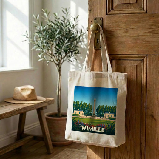 Tote bag souvenir de la ville de Wimille orné d'une illustration stylisée de son monument historique.